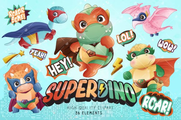 Doodle Dinosaurs Superhero Clipart
