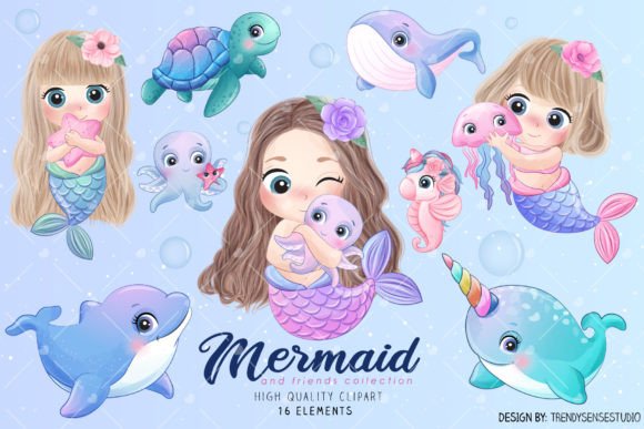 Doodle Mermaid Friends Clipart