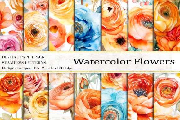 Watercolor Orange Flowers Digital Papers